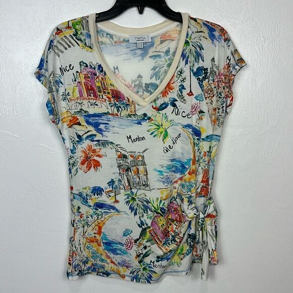 TINTA Lamia Knit V Neck French Sketch Tie Side T- Shirt Off White/Multi Size M - Picture 4 of 8